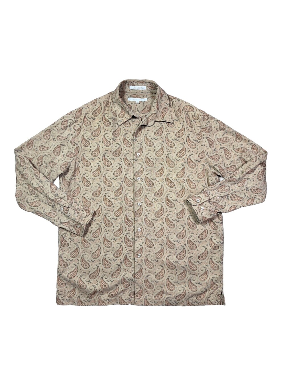 Vintage Perry Ellis Men M 100% Silk Paisley Shirt Cross Stitch Print Button Down